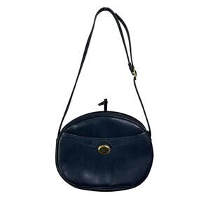 Hexagona Paris Handbag Womens Navy Blue‎ Oval Shape Gold Trim Old Money Classic